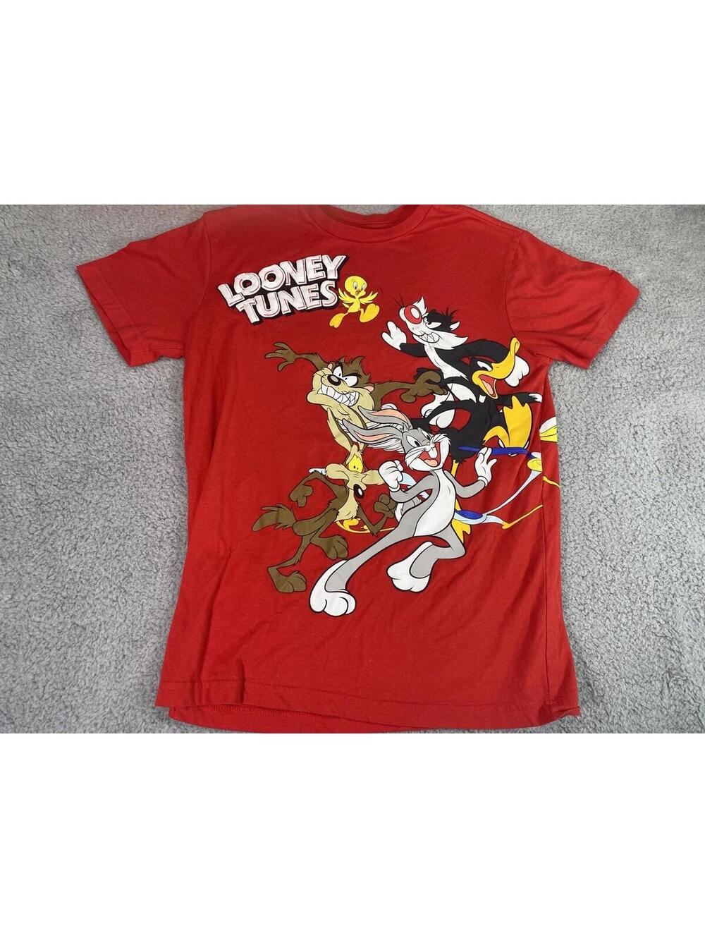 Looney Tunes AOP Shirt Mens Small Red Graphic Print y2k